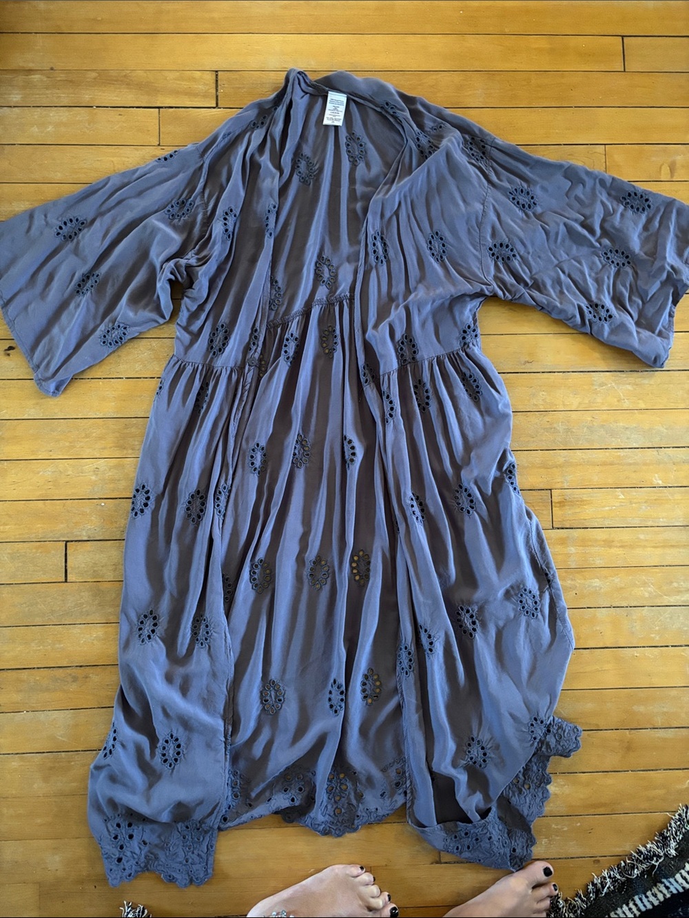 EUC Lightweight Lace-Trim Open Kimono Duster in Slate